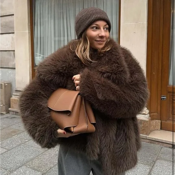 Luxurious Brown Faux Fur Coat shaggy jacket thick winter - Picture 6 of 7